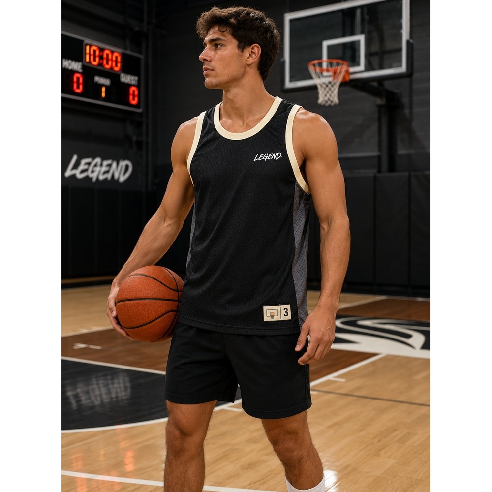 LEGEND Half Court Basketball Jersey Black Mesh Cream Trim Size M